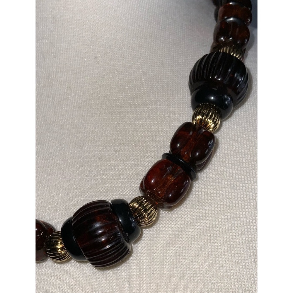 Avon Vintage Brown Lucite & Gold Chunky Bead 20” Necklace & Gold 1.5” Earrings - Picture 5 of 8